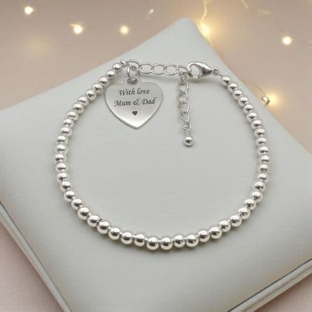 Silver Beads, Personalised Bracelet, Engraved Heart Charm