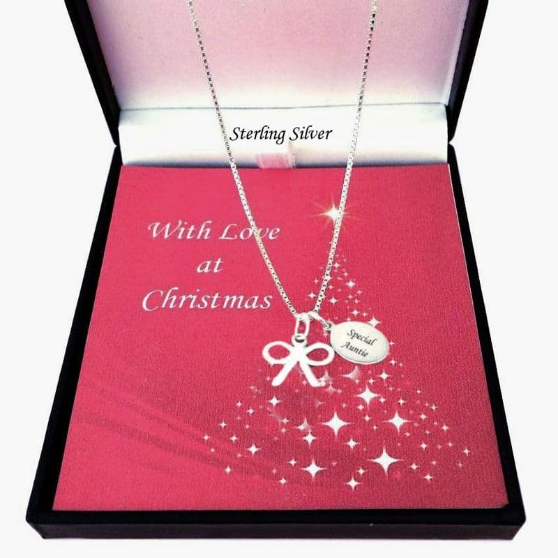 Silver bow Necklace with Engraved Tag for Christmas | Jewels 4 Girls