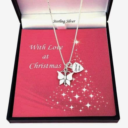 Silver Butterfly Necklace with Engraved Tag for Christmas