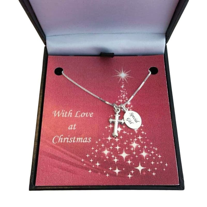 Silver Cross Necklace with Engraved Tag for Christmas | Jewels 4 Girls