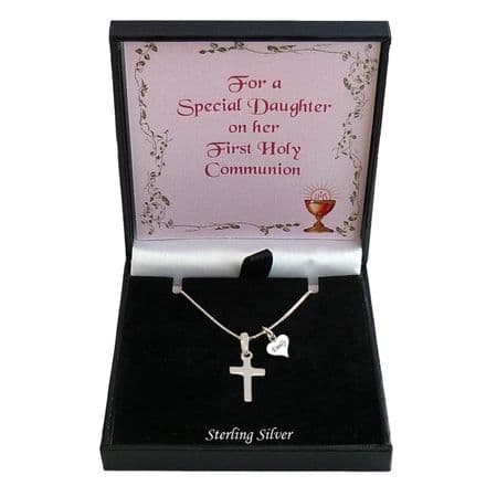 Silver Cross Necklace with Engraved Heart, Personalised Gift for First Holy Communion