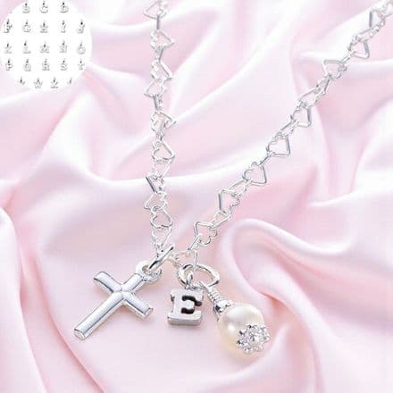 Silver Cross, Pearl & Initial Necklace for Christening or Communion