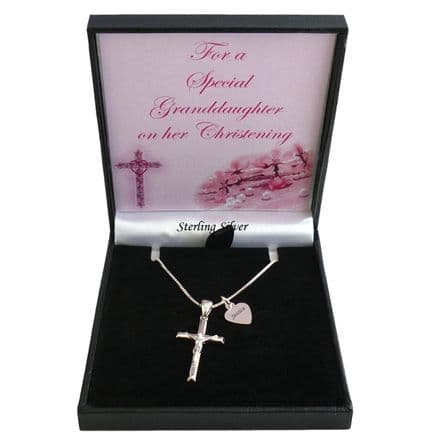 Silver Crucifix Necklace, Cross, Engraved, Christening Gift