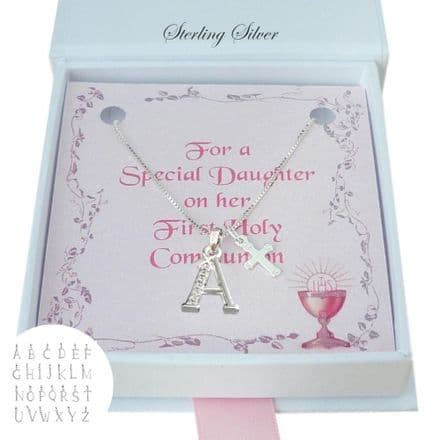 Silver Letter and Cross Necklace for First Communion