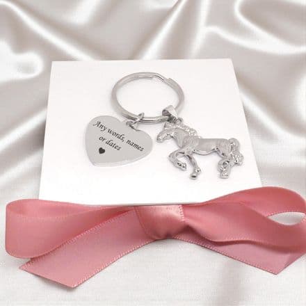 Silver, Personalised Horse Keyring with Engraving on Heart Charm