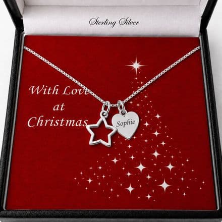 Silver Star Necklace with Engraved Tag for Christmas