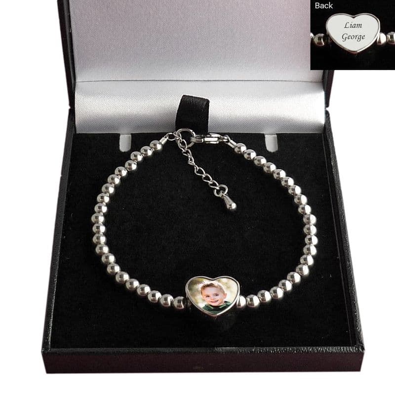 Silver Steel Beads Bracelet with Photo Charm and Personalised Engraving | Jewels 4 Girls