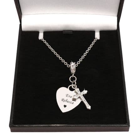 Silver Steel Cross & Heart Necklace, Personalised Engraving
