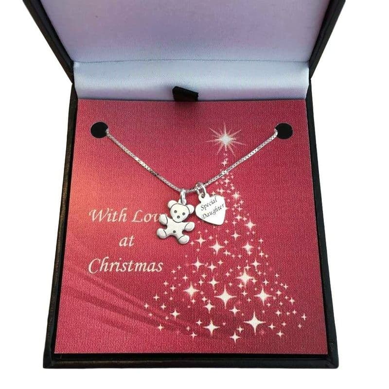 Silver Teddy Necklace with Engraved Tag for Christmas | Jewels 4 Girls