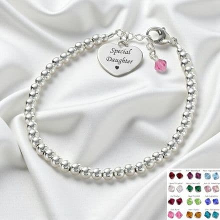 Special Daughter, Silver Beads Bracelet with Birthstone & Engraving