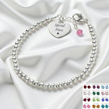 Special Niece,  Silver Beads Bracelet with Birthstone & Engraving