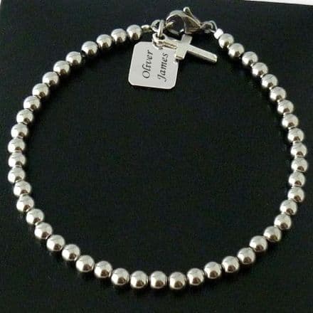 Steel Beads Bracelet with Cross and Engraving