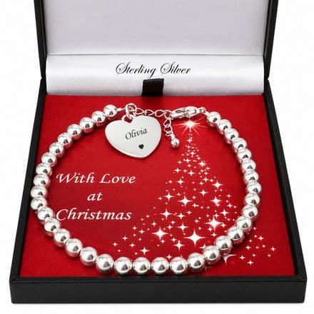 Sterling Silver Beads Bracelet with Engraving for Christmas