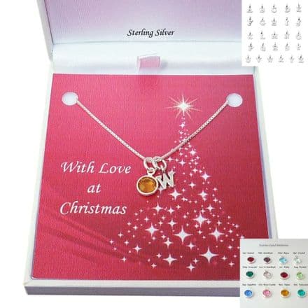 Sterling Silver Birthstone and Letter Necklace for Christmas