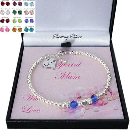 Sterling Silver Birthstone Bracelet with Love Heart Charm