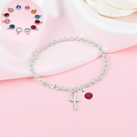 Sterling Silver Charm Bracelet with Cross and Birthstone