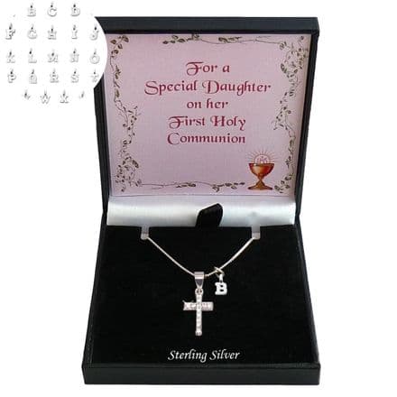 Sterling Silver Cross and Letter Necklace, Gift for First Holy Communion