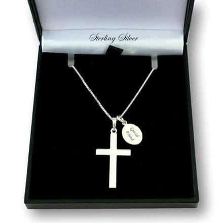 Sterling Silver Cross on Chain with Engraved Tag