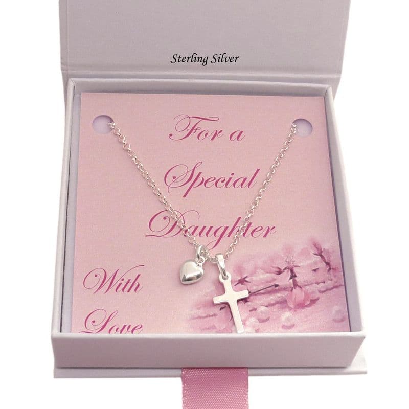 Sterling Silver Heart and Cross Necklace, Gift Boxed | Jewels 4 Girls
