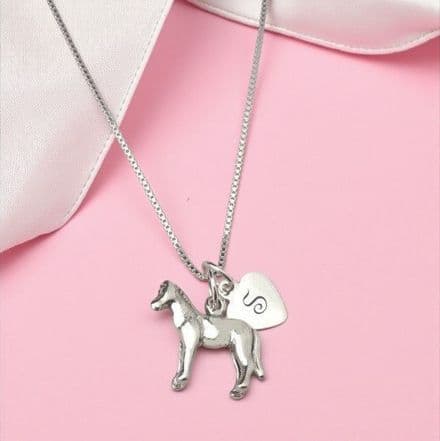 Sterling Silver Horse Necklace with Any Initial Engraved on Silver Heart Tag