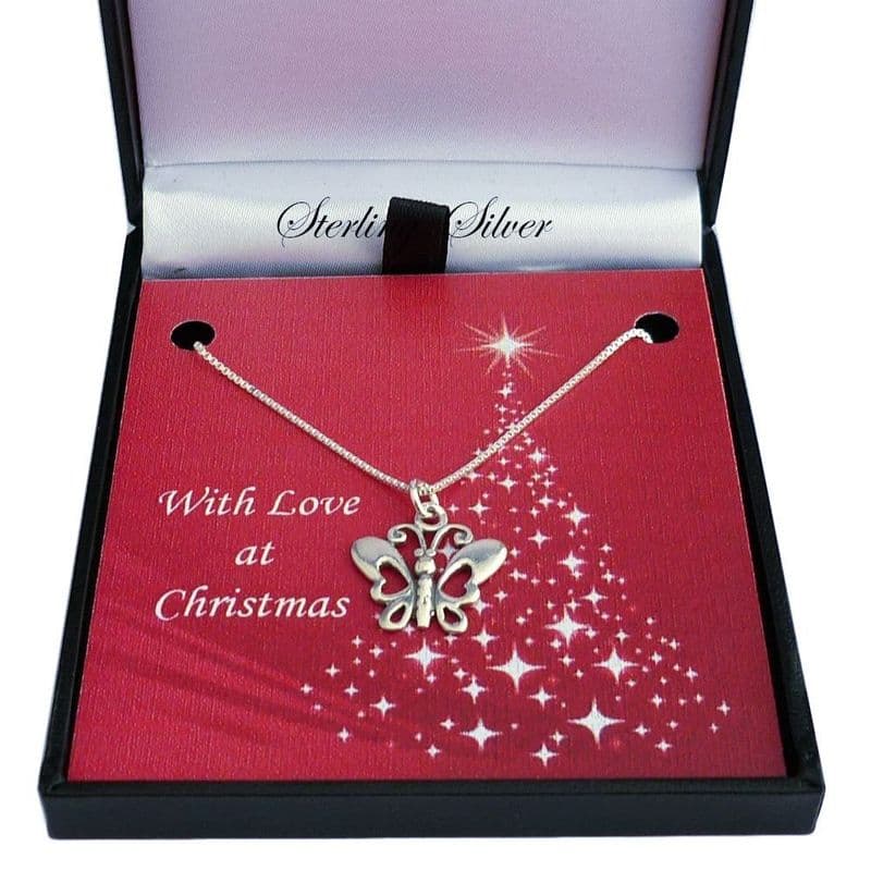 Sterling Silver Necklace for Christmas with Open Butterfly Pendant | Jewels 4 Girls