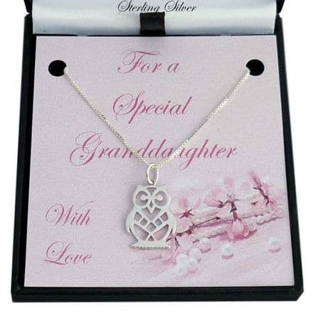 Sterling Silver Owl Necklace for Granddaughter, Niece etc