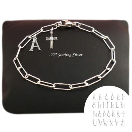 Sterling silver, Paperclip Chain Bracelet with Cross and Letter Charm