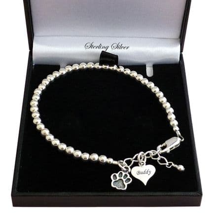 Sterling Silver Pet Name Bracelet with Paw Charm and Any Name Engraved