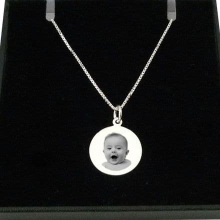 Sterling Silver Round Photo Necklace with Pet, Baby, Couple Photo Engraved