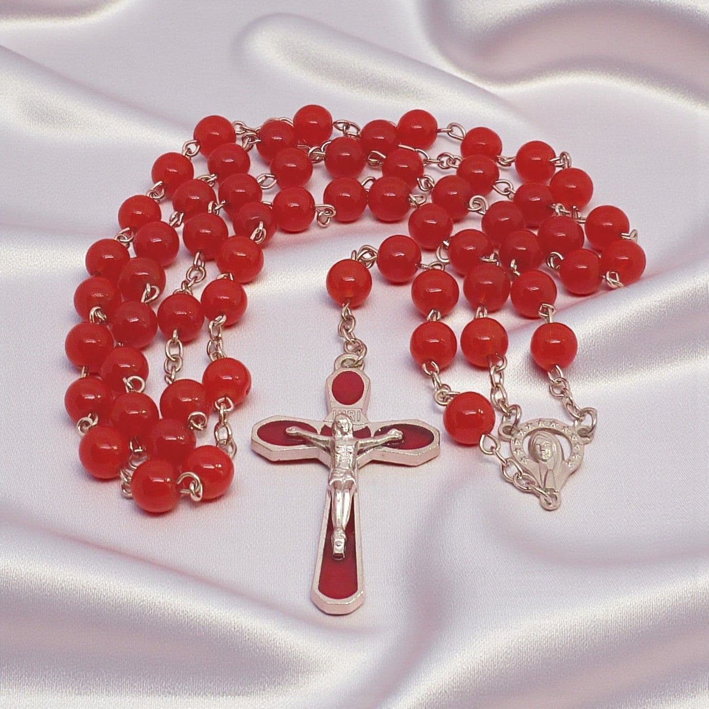 Stunning Red Rosary Beads, Virgin Mary Centrepiece, 3D Crucifix