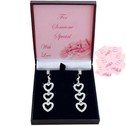 Triple Hearts Earrings, Sparkling Crystals. Gift Box for Daughter etc.