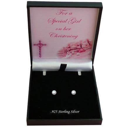 White Pearl Stud Earrings, 925 Silver, Gift Box for a Girl's Christening