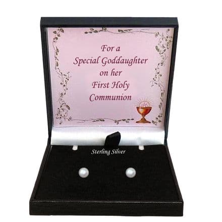 White Pearl Stud Earrings, 925 Silver, Gift Box for First Holy Communion