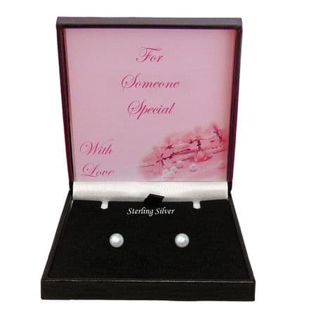 White Pearl Stud Earrings, 925 Silver, Gift Box for Sister, Granddaughter, Daughter...