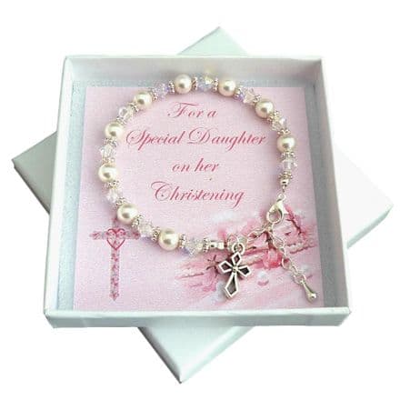 White Pearls and Cross Charm Bracelet for a Girls Christening