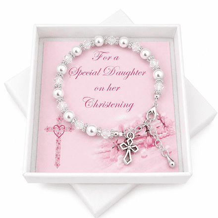 White Pearls and Cross Charm Bracelet for a Girls Christening
