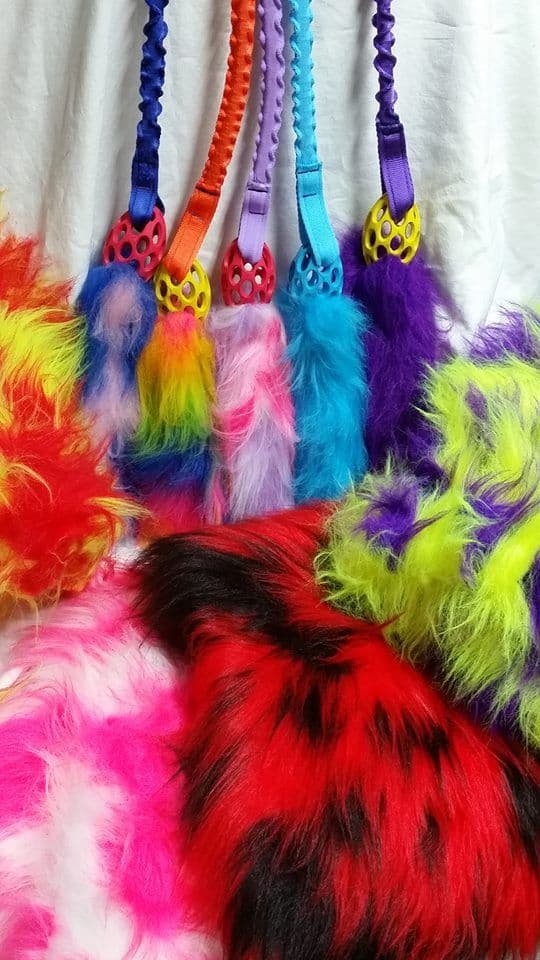 FAUX FUR BUNGEE TUGS +red small hol-ee rugby ball