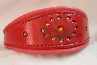 Hand-Made Bridle Leather Crystal Inset Italian Greyhound Collar (Red)