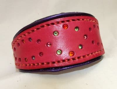 Hand-Made Bridle Leather Crystal Inset Italian Greyhound Collar (Red/Purple)