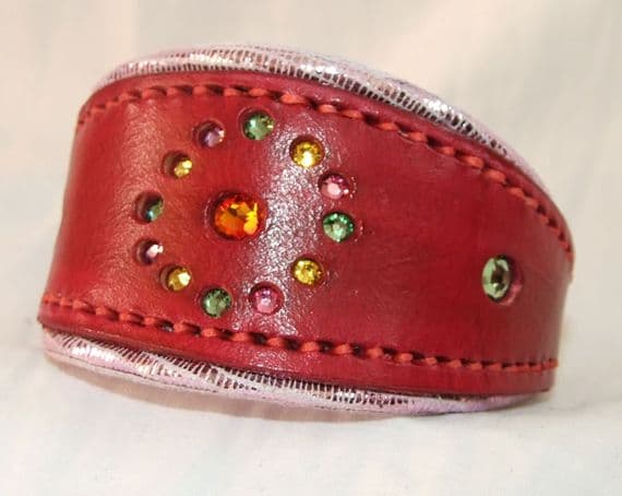 Hand-Made Bridle Leather Crystal Inset Italian Greyhound Collar (Red/Silver)