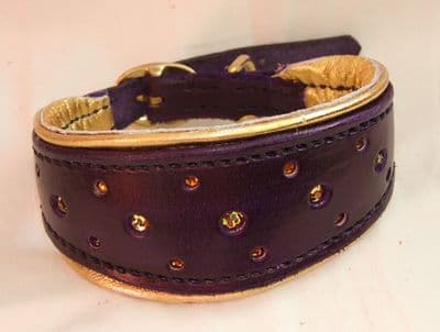 Hand-Made Bridle Leather Top Class Crystal Inset Italian Greyhound Collar (Purple)