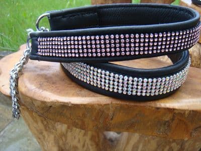 Leather Half-Check Dog Collar with Surface Mounted Crystals