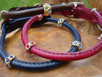 Rolled Leather Dog Collar with Crystals Beads