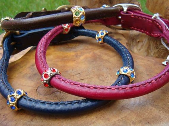 Rolled Leather Dog Collar with Crystals Beads