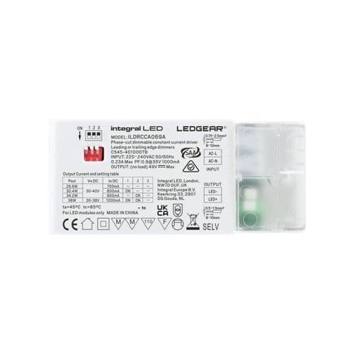 CONSTANT CURRENT DRIVER ADJUSTABLE OUTPUT 26.6-38W 700-1000MA IP20 TRIAC DIMMABLE 30-40V OUTPUT INTE