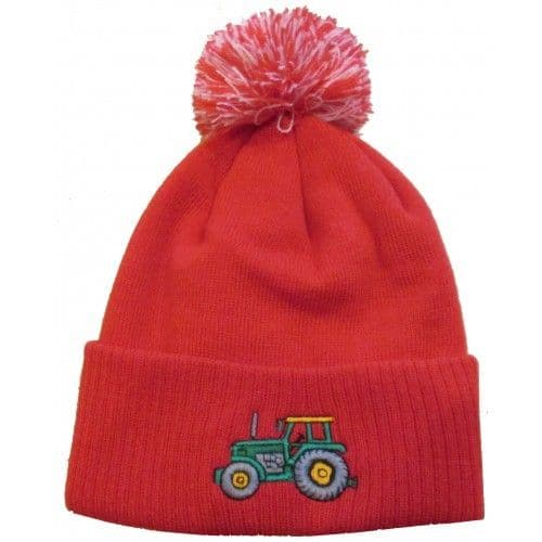British Country Collection Red Pompom Hat with Green Tractor