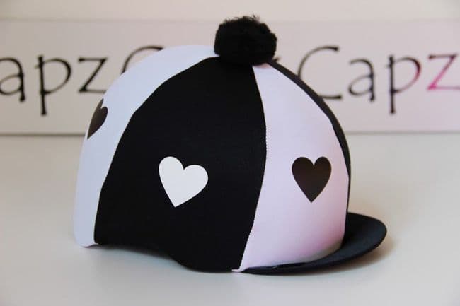 Capz Lycra Heart Hat Cover with Pom Pom in Black/White