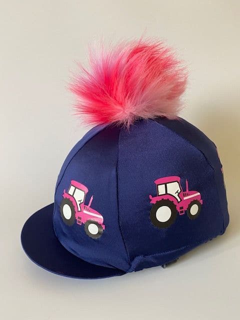 Pompops Children's Navy/Pink Tractor Hat Cover with Removable Pompom