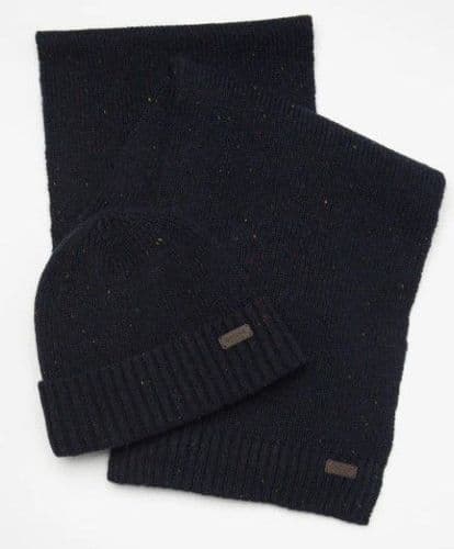 Barbour Carlton Fleck Beanie & Scarf Set (Navy)