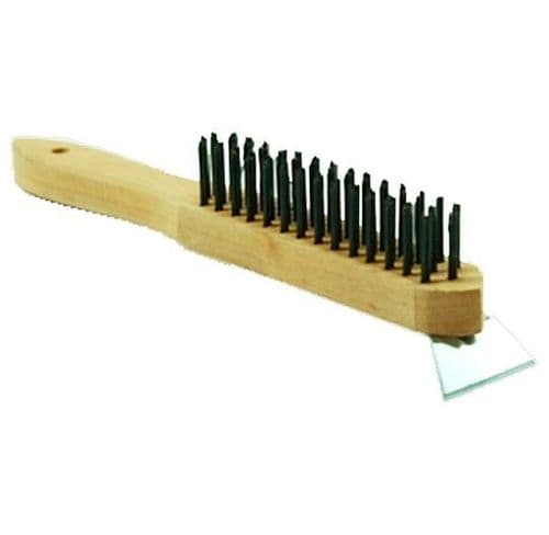 Wooden Handled Wire Brush with Scraper